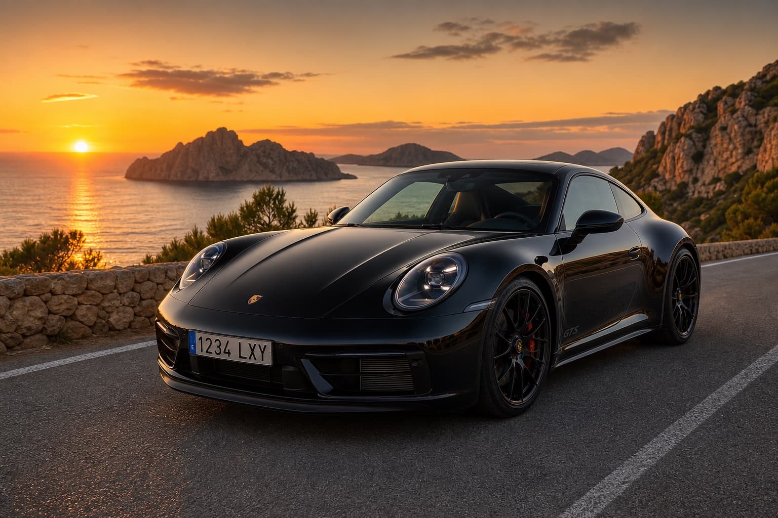 Black Porsche 911 GTS with a Spanish plate on an Ibiza coast road at sunset