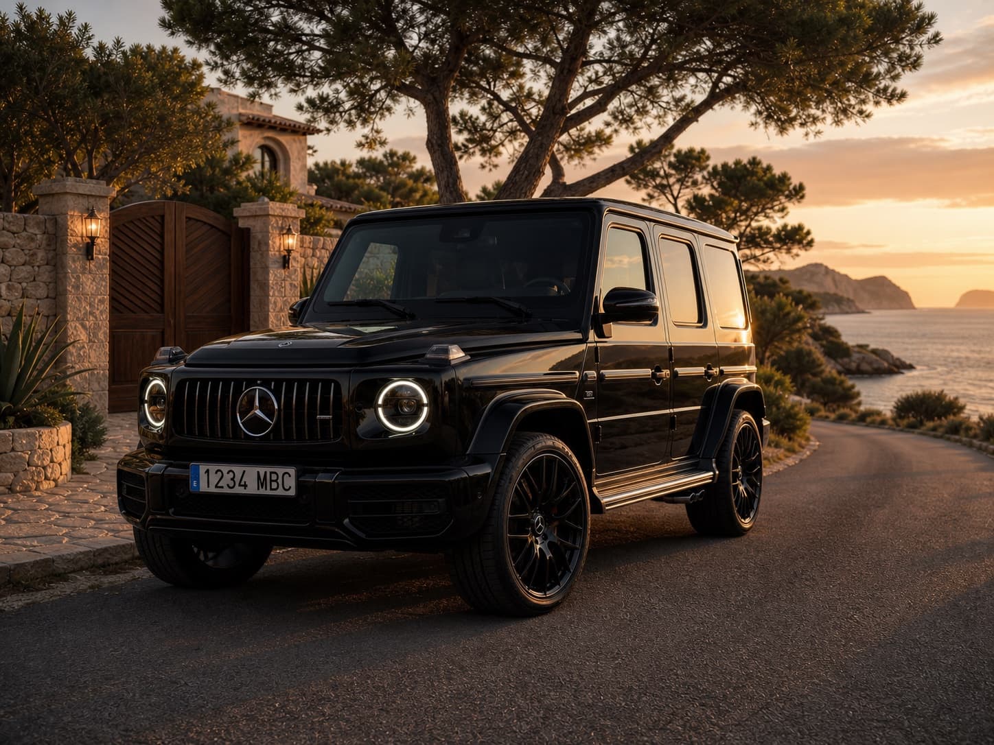 Black Mercedes G-Class outside a private Ibiza villa at sunset
